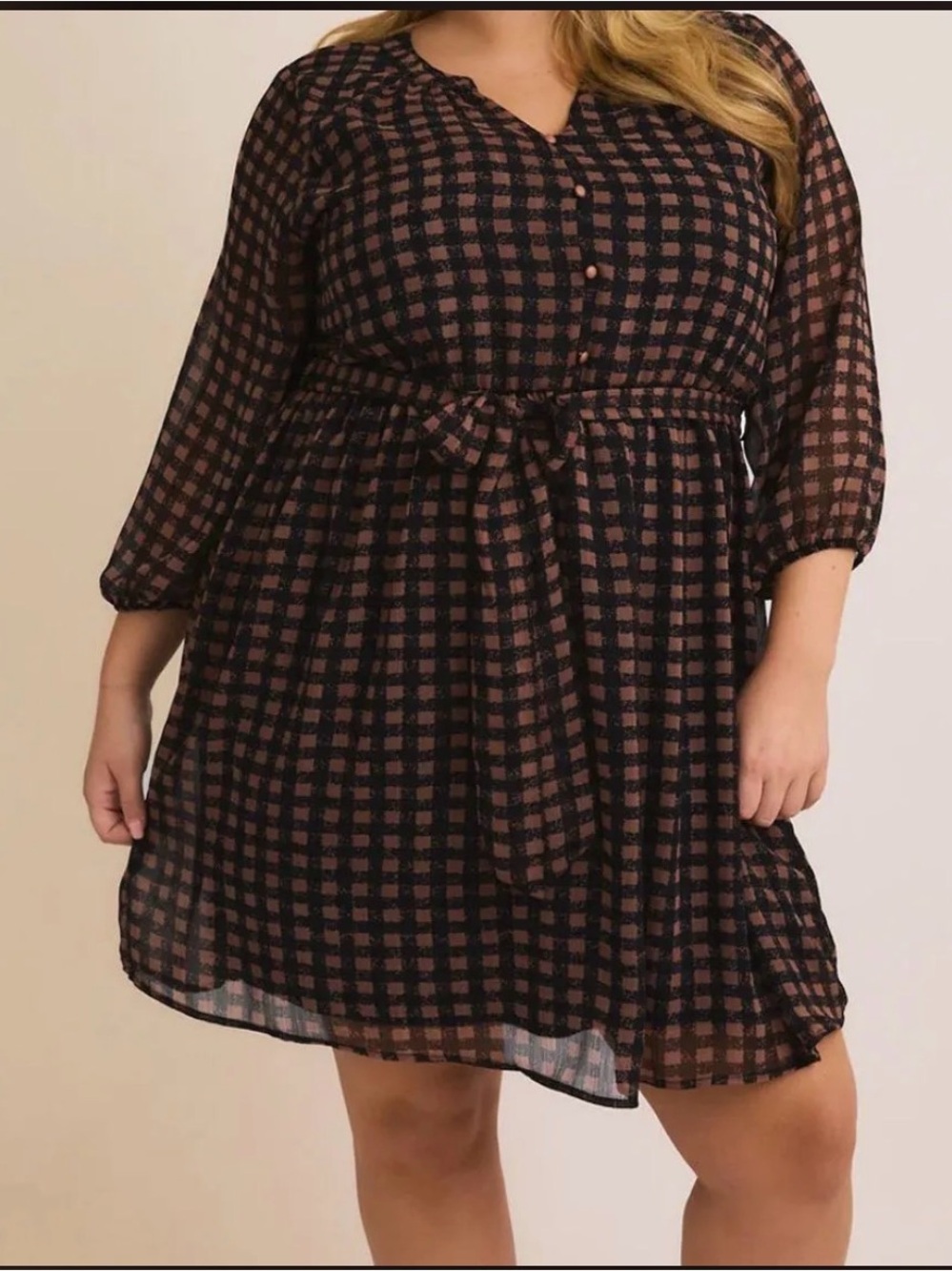 Gilli Black and Brown Plaid Tie-Waist Mini Dress